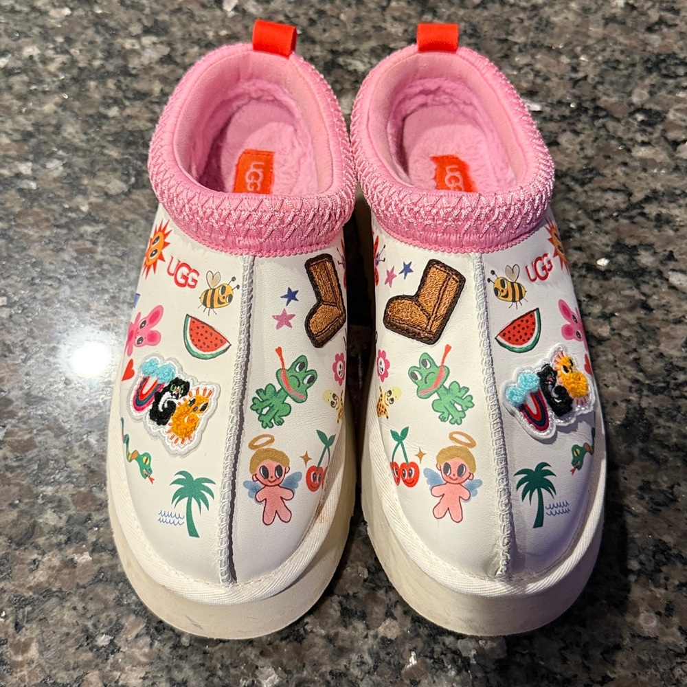 UGG Pink Trim White Platform Clog Sneakers with Colorful Cartoon Patches
